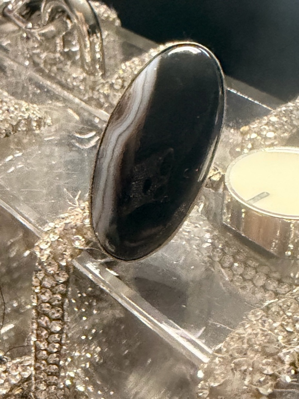 Sterling Silver Black & White Agate Oval Statement Ring - Women Jewelry
